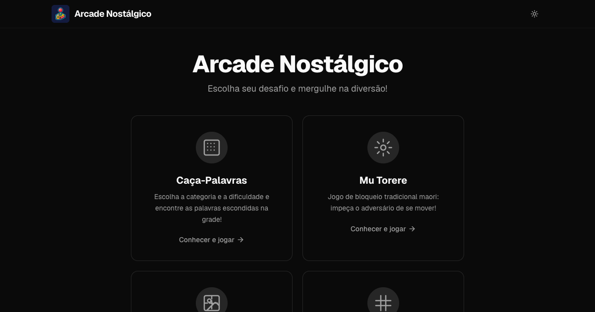 Página inicial do Arcade Nostálgico com os seis jogos disponíveis