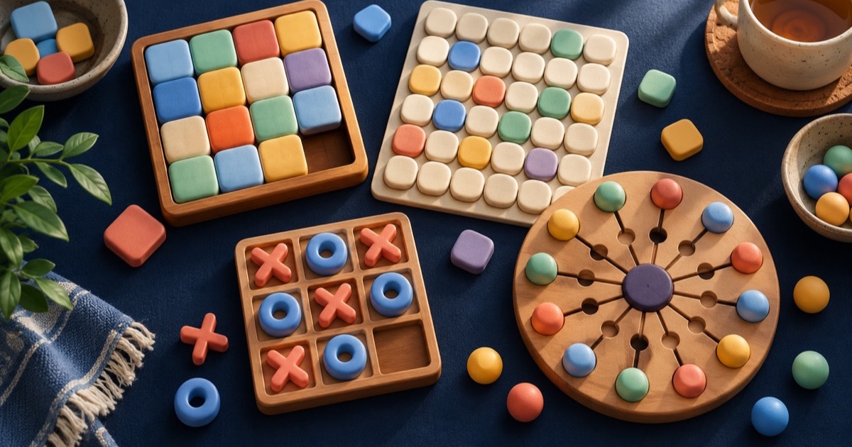 Quebra-cabeças, grade de jogo da velha, peças de palavras e tabuleiro radial reunidos como brinquedos